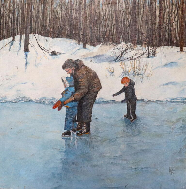 painting of adult teaching child how to ice skate