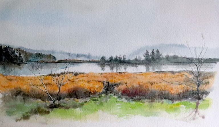 watercolor of remote landscape with water