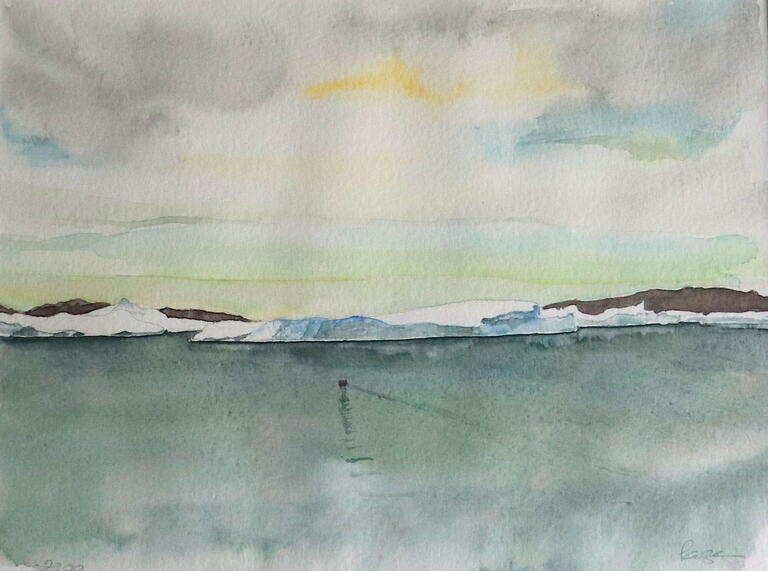 watercolour of water sky and snow