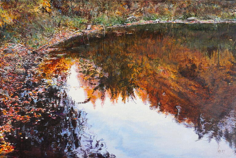 painting of a pond reflecting vibrant fall colours
