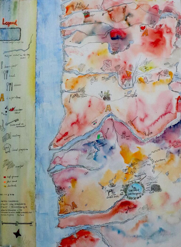 map-like painting outlining locations and experiences