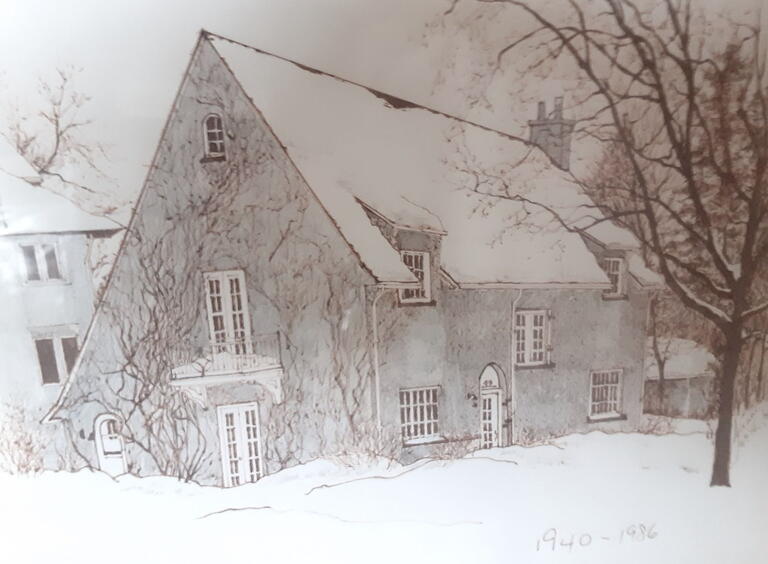 pencil drawing of a tudor style home in the wintertime 