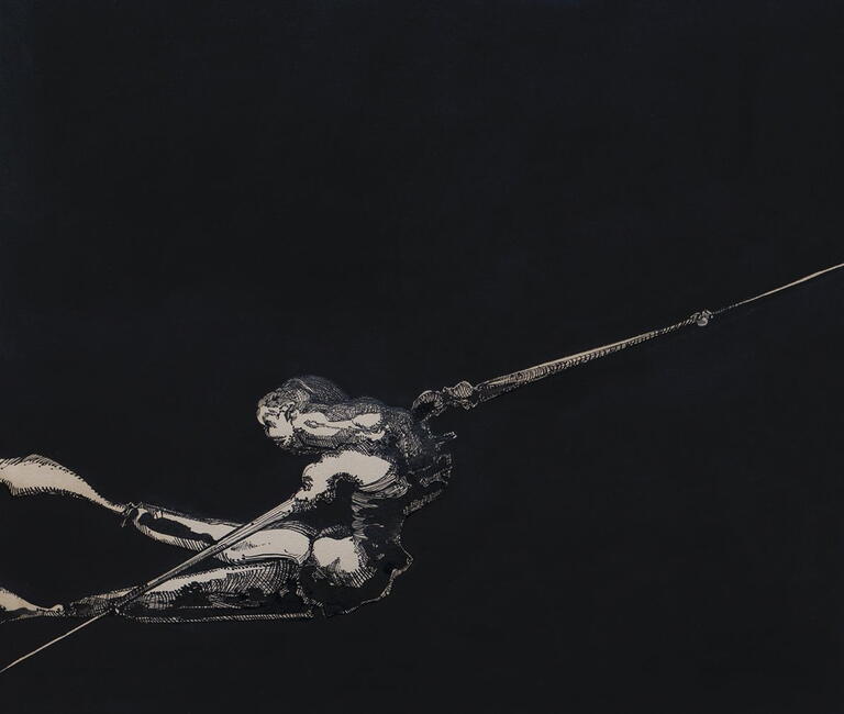drawing is mostly black with a grey and white figure falling through the canvas