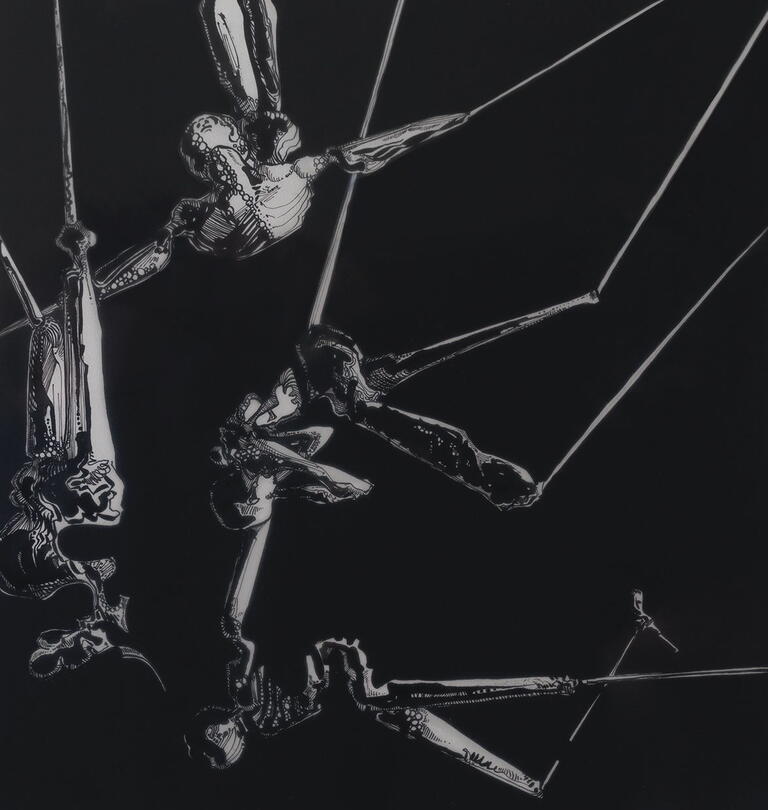 drawing is mostly black with 3  grey and white figures falling through the canvas