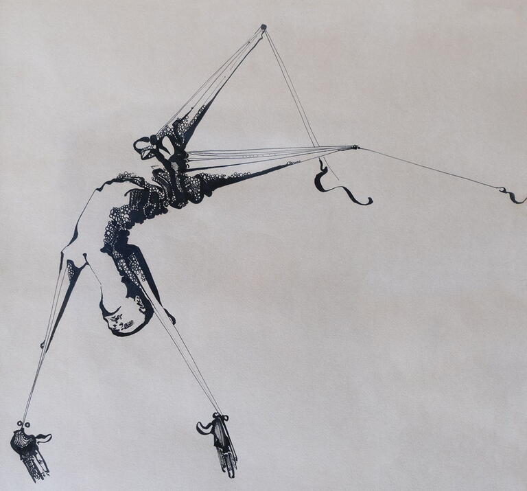 drawing is mostly white with one  grey and white figure falling through the canvas