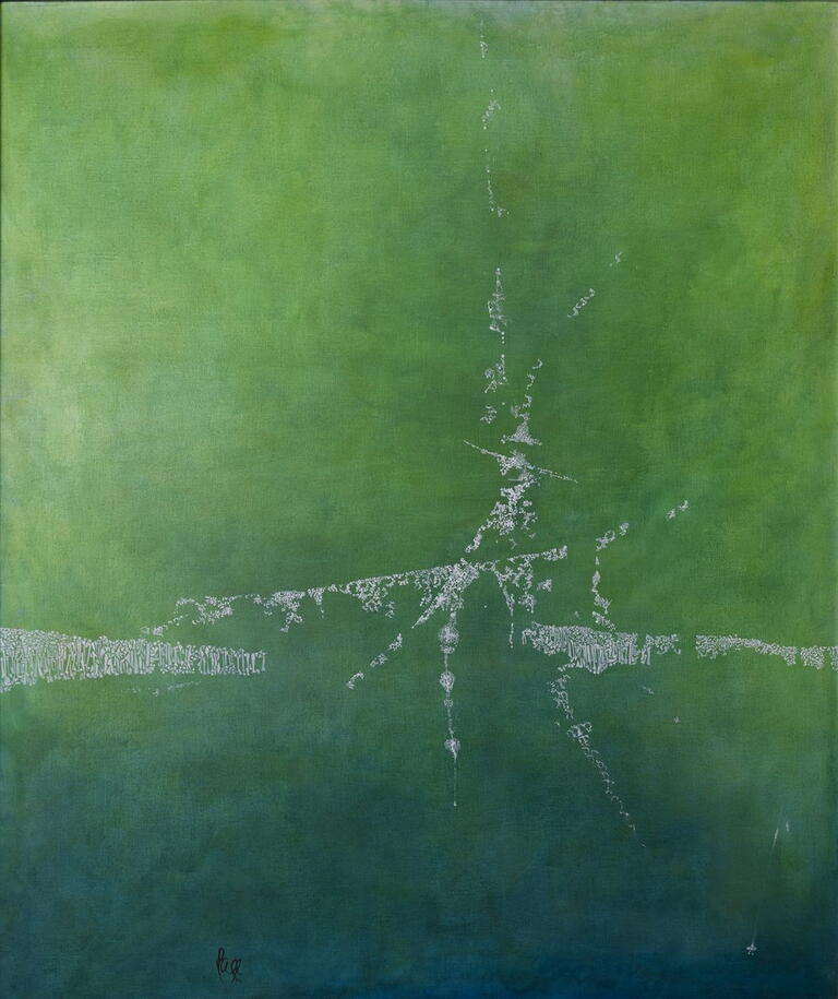 painting is an abstract image with different shades of green and white detail 