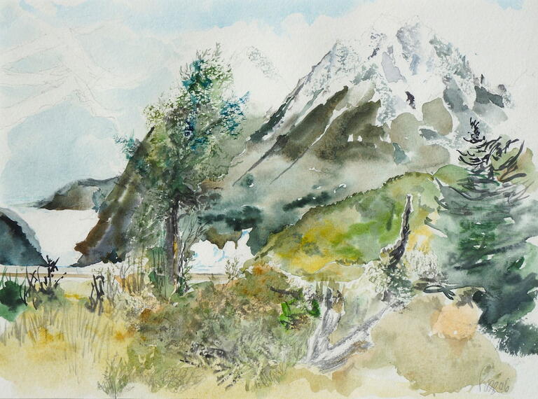 watercolour of field, trees, and mountains 