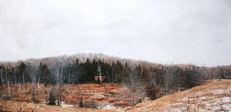 painted image of field, tree line, and sky