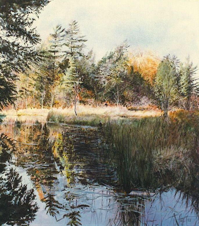 painting of reflective pond with autumn trees in the background