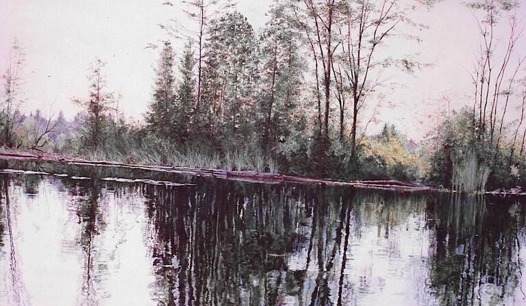 painting of reflective pond in low light with treeline in the background