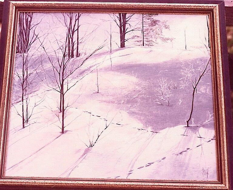 painting of snow with tracks and bare trees