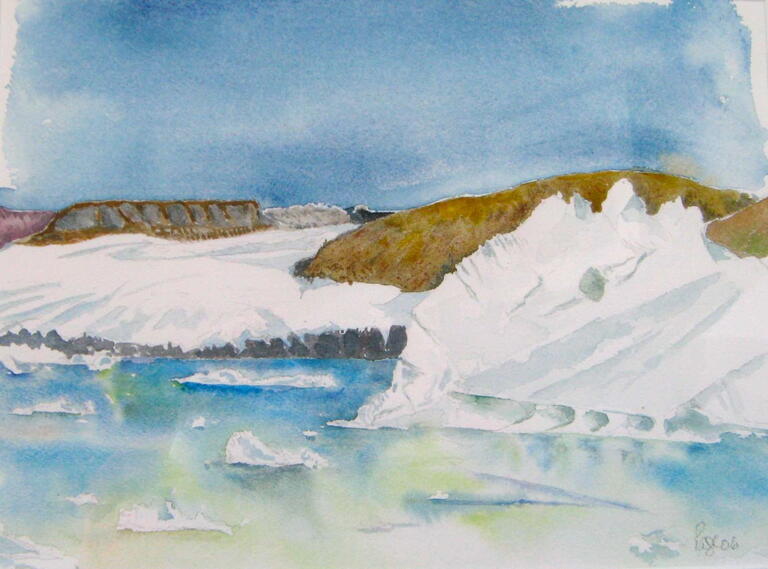 watercolour iceberg with sky, land, and water in the image