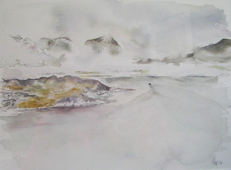 grey watercolour of iceberg with small mountains in the background