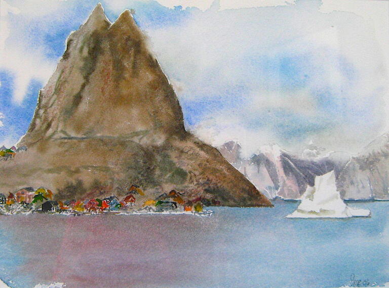 watercolour of iceberg, mountain, water, and shoreline with colourful homes