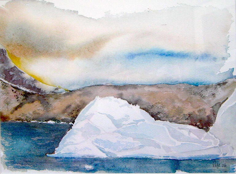 watercolour if iceberg with blue, yellow, and gray sky in the background