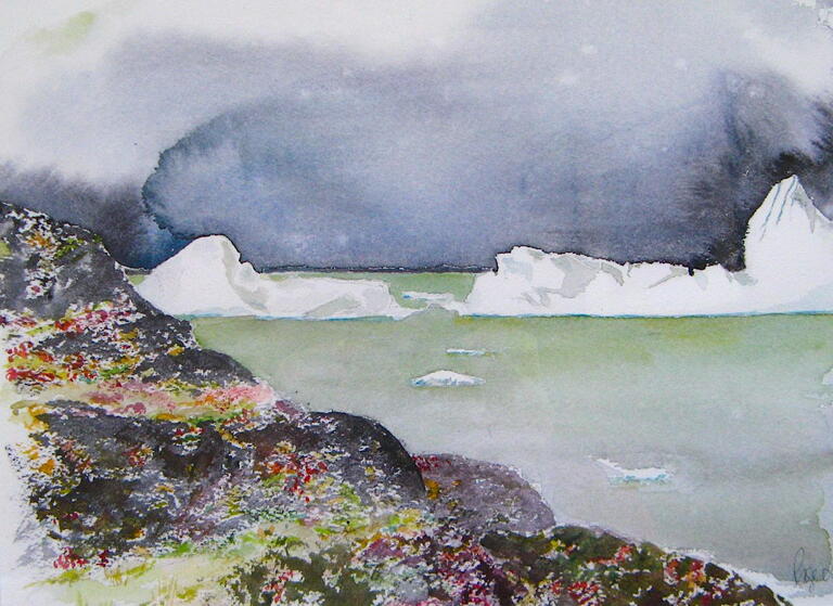 watercolour of colourful shore line, grey sky, and icebergs 