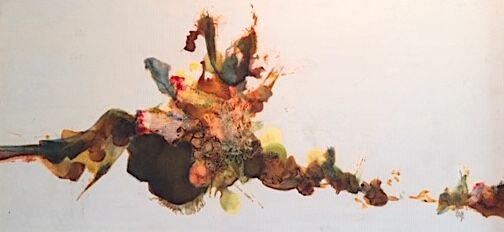 abstract painting with yellows, browns, black, reds, and blues