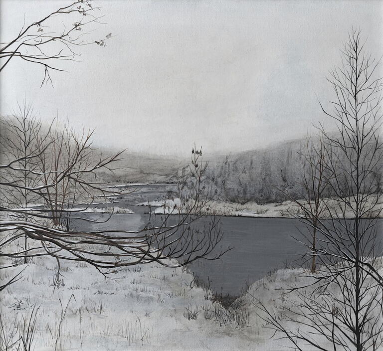 image of a winter landscape with snow, bare trees, and a grey lake