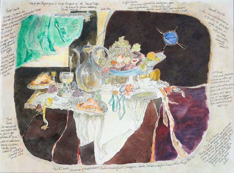 image of a table with a banquet on it with writing in the corners of the image
