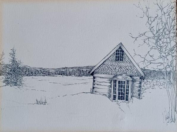 drawing of a snow filled field with one small house 