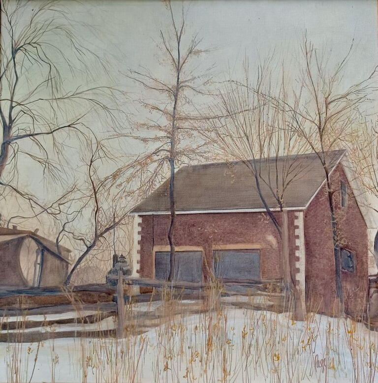 image of red brick barn, wooden fence, bare trees, snow