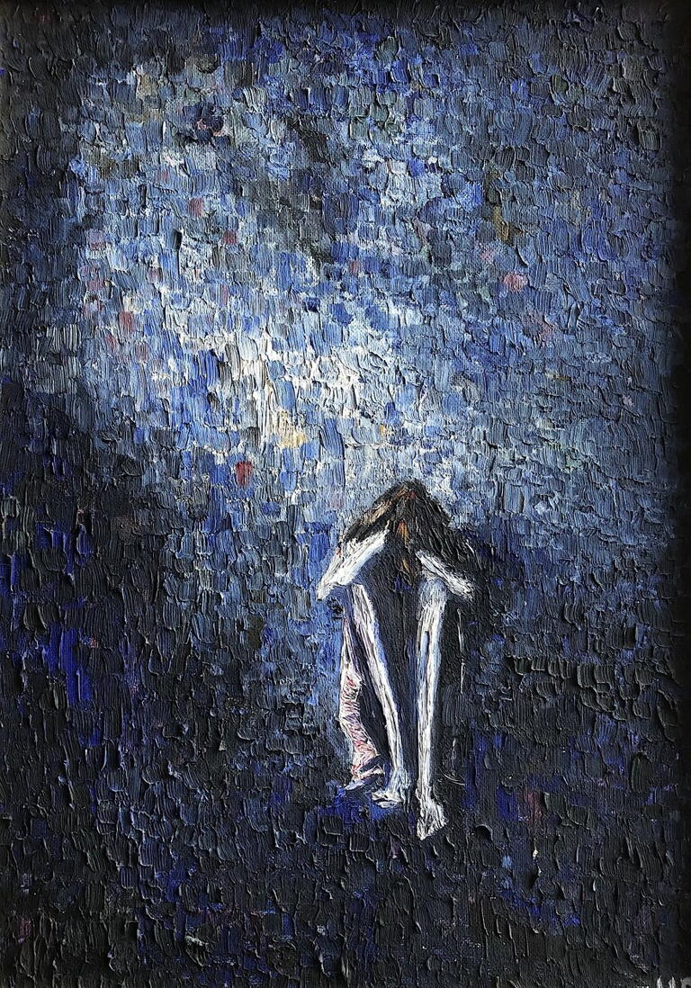 painting of person sitting with head in hands, blue and white background