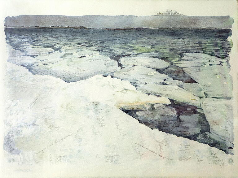 image of melting ice in the water with faint words written on the ice in pencil