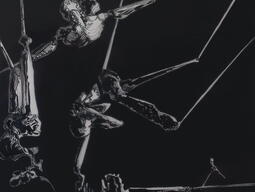 drawing is mostly black with 3  grey and white figures falling through the canvas