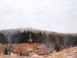 painted image of field, tree line, and sky