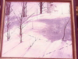 painting of snow with tracks and bare trees
