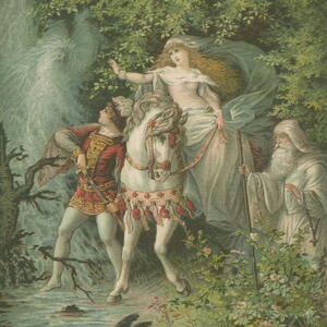 A princess on a horse in the woods with a prince and an old man standing beside the horse