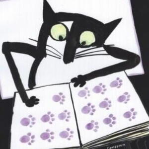 Illustration of a black cat with large green eyes looking at an open book filled with purple paw prints arranged in rows. The cartoon-style drawing uses bold black outlines and a dark background to emphasize the cat's curious expression and the patterned pages.