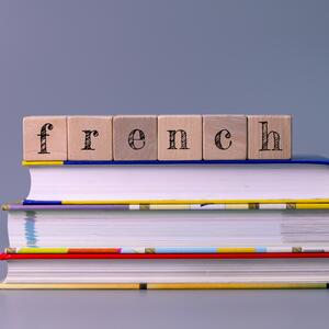 Stack of books with wooden blocks on top spelling out "french".
