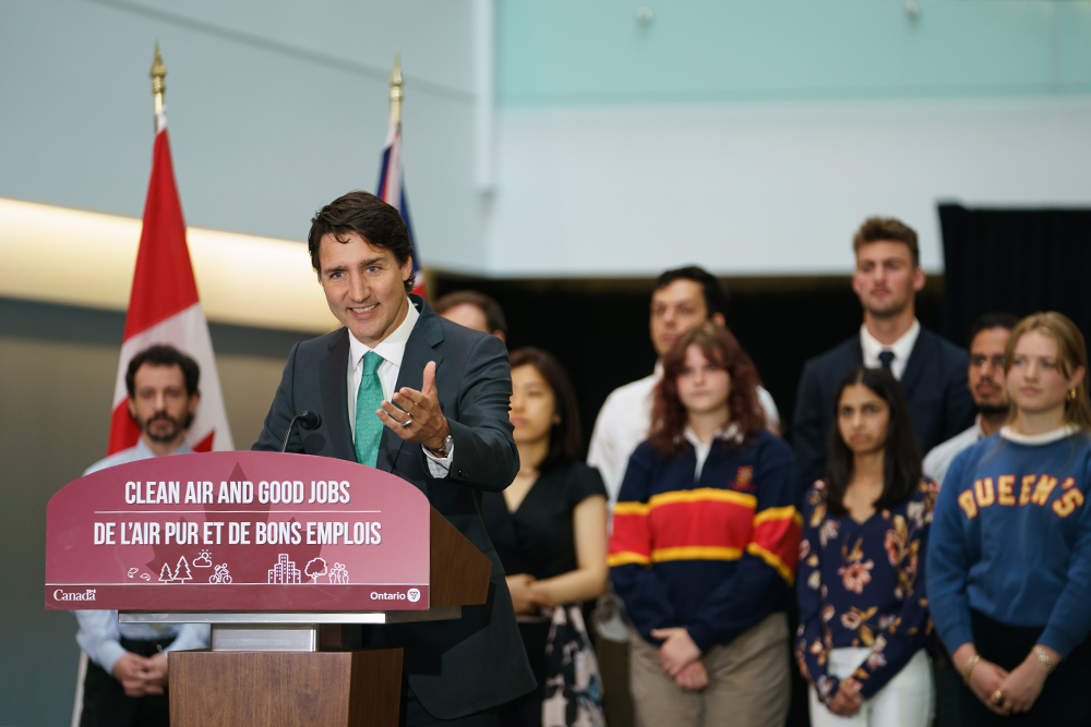 Prime Minister Justin Trudeau at an announcement event at Queen's University's Mitchell Hall.
