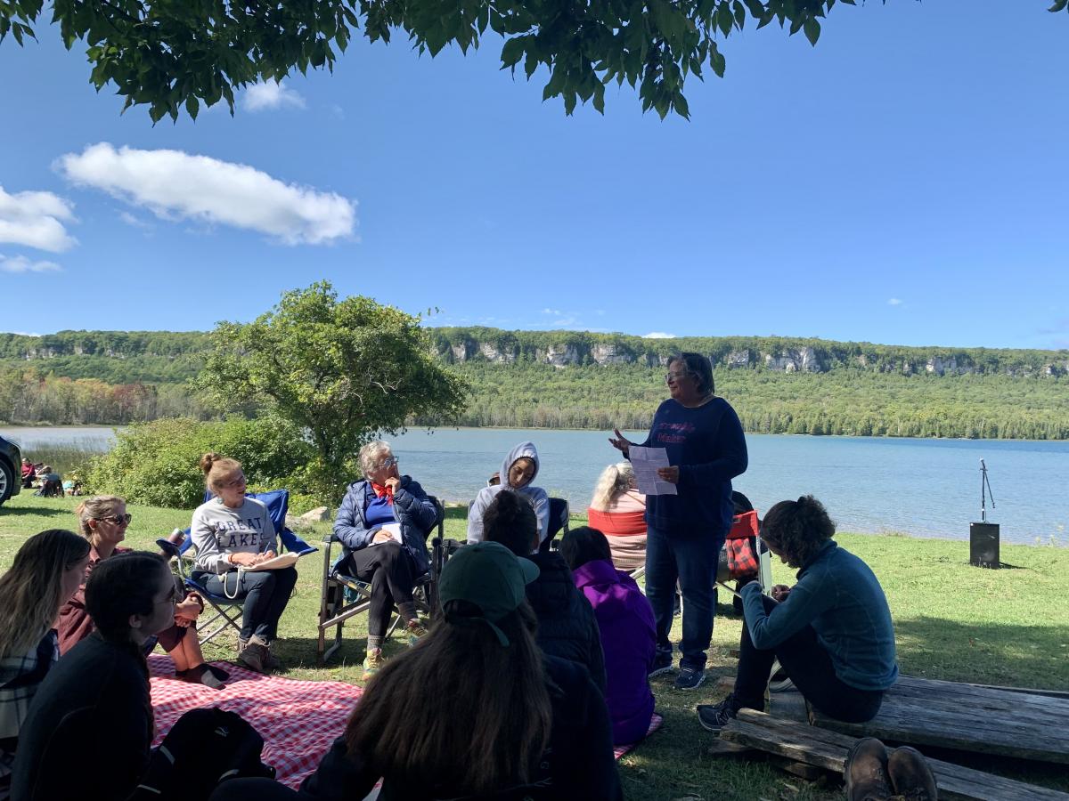 Sarah Mainville—a lawyer at JFK law, graduate of Queen’s Law, and a member of Couchiching First Nation in Treaty 3—speaks to participants on the topic “Written Guides to Live within Anishinaabe Inaakonigewin (Law)."