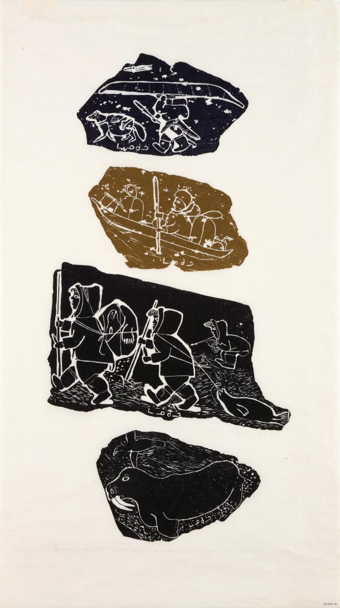 Mattiusie Manakudluk (QC 1911-Puvirnituq QC 1968), In Summer They Went Camping, In Winter They Went for Seals, 1968, stonecut on paper, 27/30.  Gift of Margaret McGowan Artsci’78, 2017 (60-003.18). (Photo by Bernard Clark)