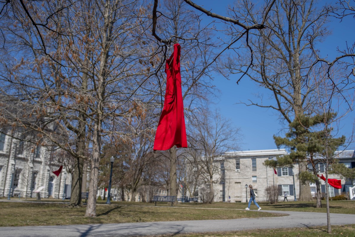 Red dress installed in tree on Queen's campus.