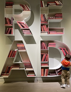 Boy observes a book shelf with the word "Read".