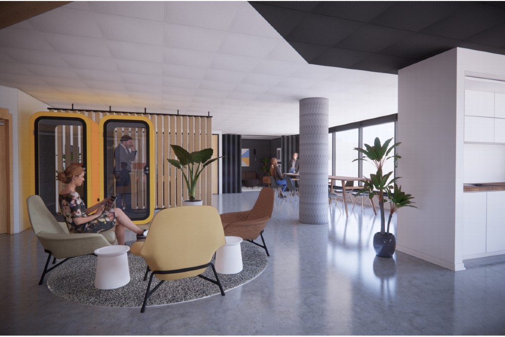 Design rendering of reception lounge in Hub350