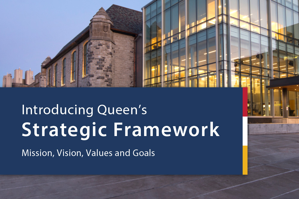 Queen's Strategic Framework written on a blue banner, Mitchell Hall photograph in the background.