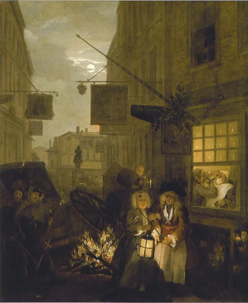 Night’ by William Hogarth circa 1738 depicts a damaged carriage on a London road. (Wikimedia)