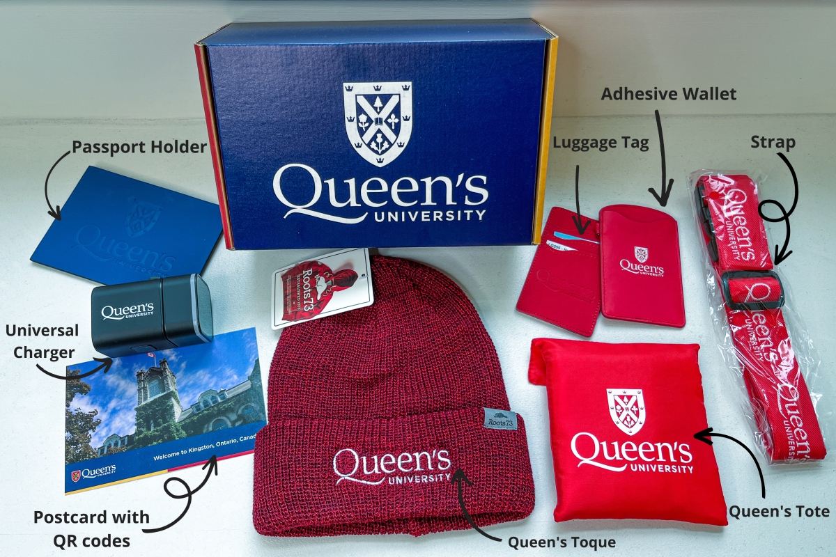 Photograph of box with Queen's-branded items 