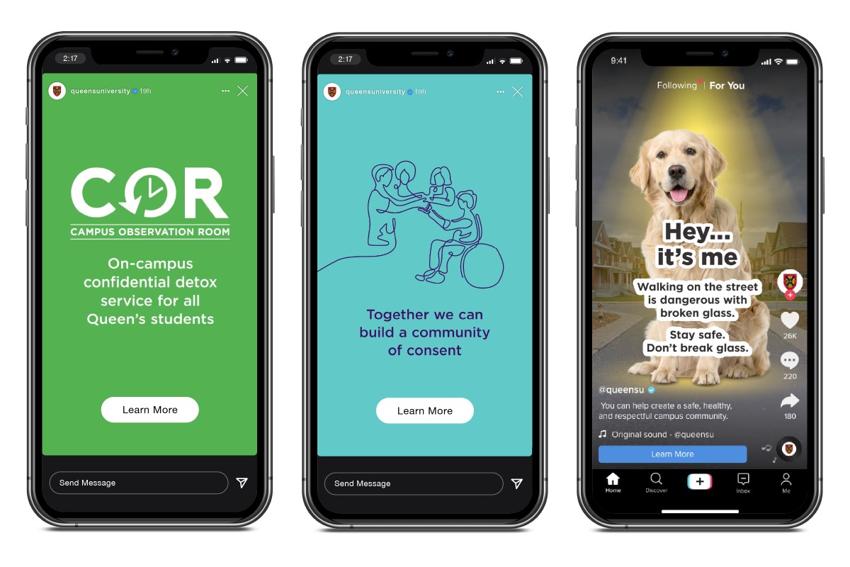 Image of three different phone screens each displaying a different message to Queen's students about harm reduction resources or safe behaviour.