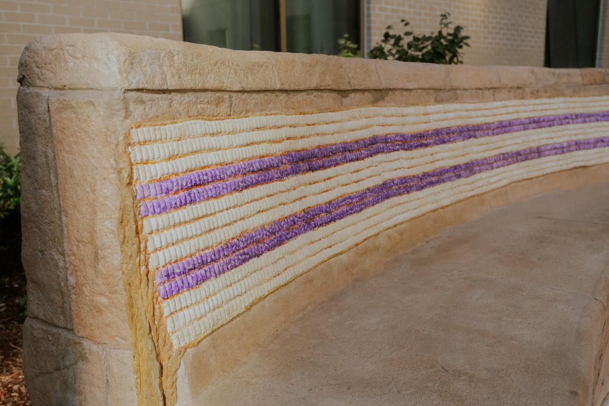 Close-up of the Two Row Wampum belt design incorporated into the space's seating.