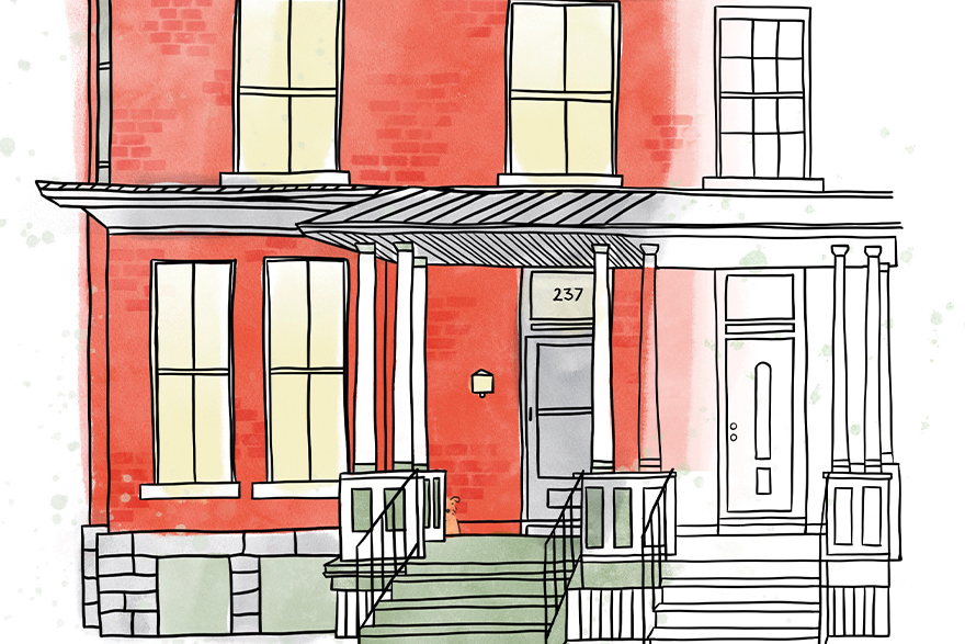 Illustration of a red brick house with a porch. 