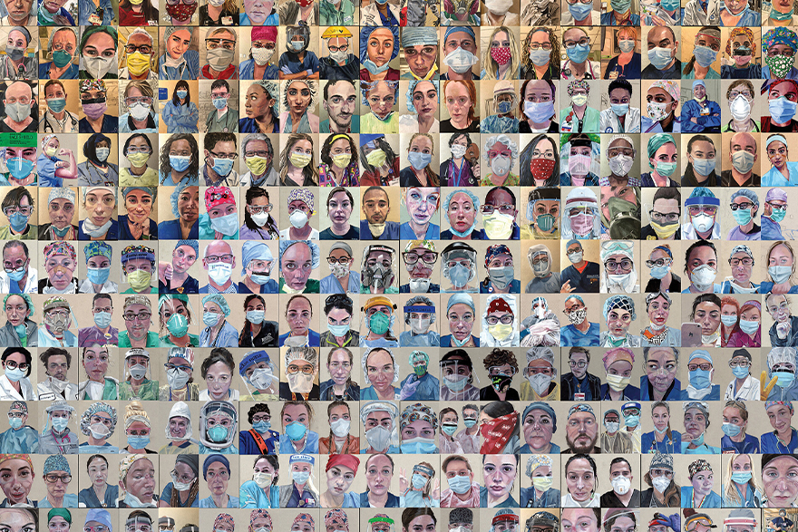 A collage of portraits of health care workers.