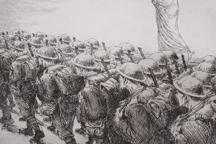 [photo of an etching of World War One soldiers being followed by the spectre of Death]