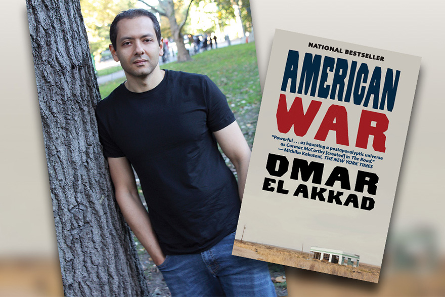 [photo of author Omar El Akkad with a cover graphic from his book "American War"