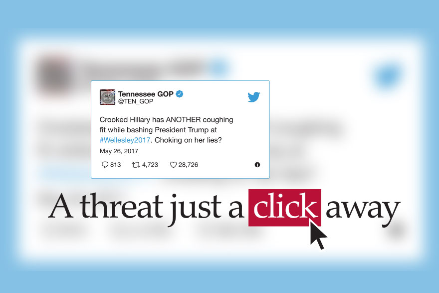 [photo of a tweet from a Russian organization, with the article title: A threat just a click away] 