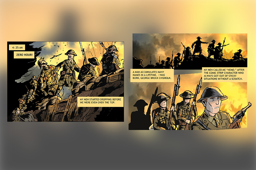 [illustrations of a World War One battle from a graphic novel, The Battle of Hill 70]